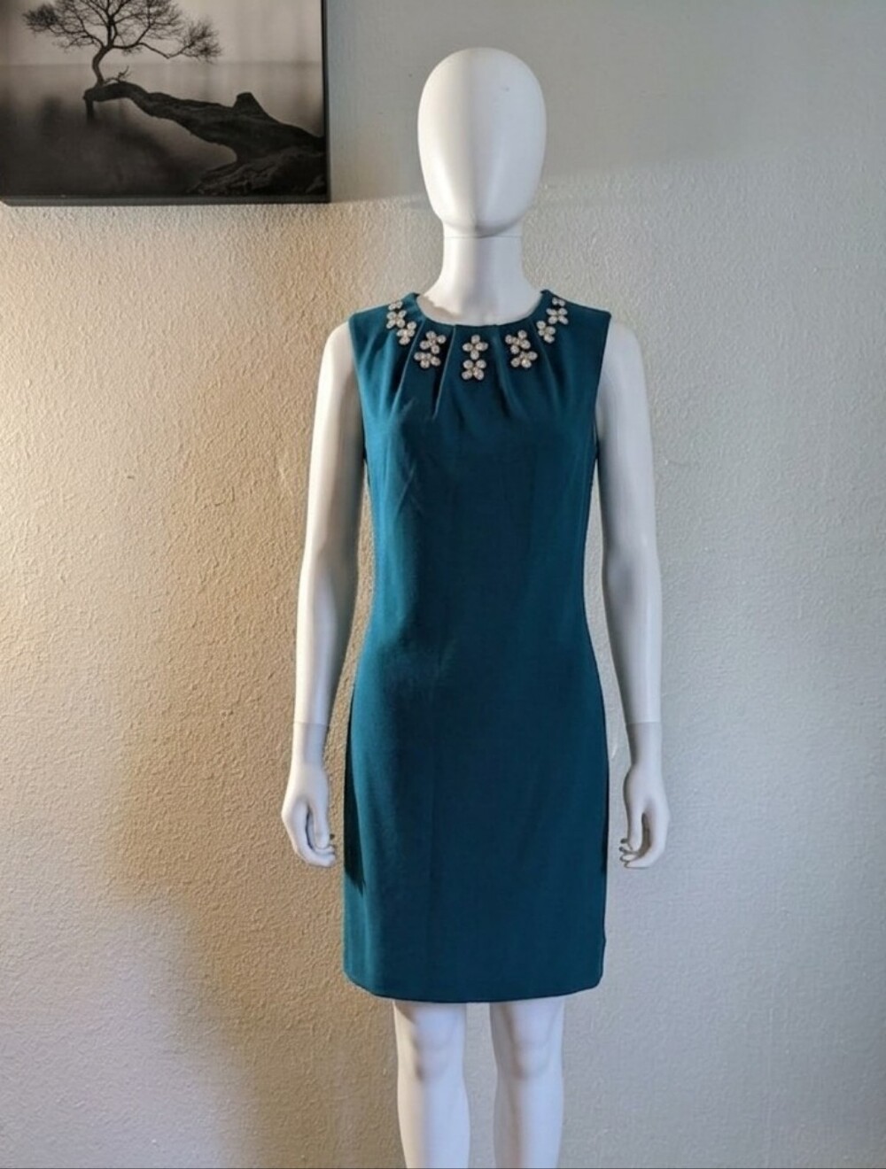 Calvin Klein Blue Sleeveless Embellished Neckline Sheath Dress Size 12